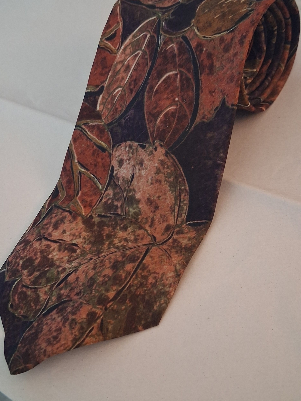 Benjamin Harris Abstract Leaf Print Tie Men's Brown & Orange Like New